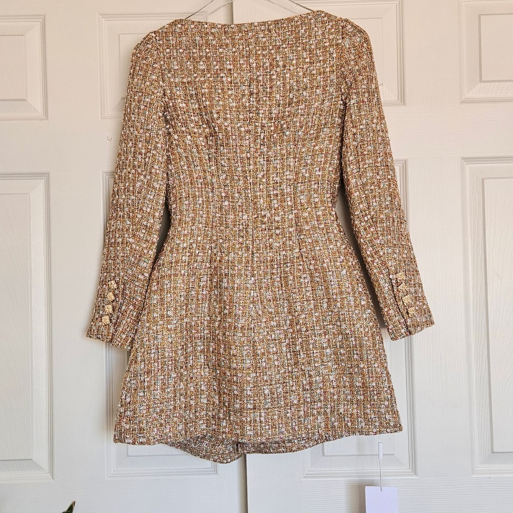 Self Portrait Gold Tinsel Boucle Off Shoulder Mini Dress US 2 UK 6 NEW Regal - Picture 9 of 12